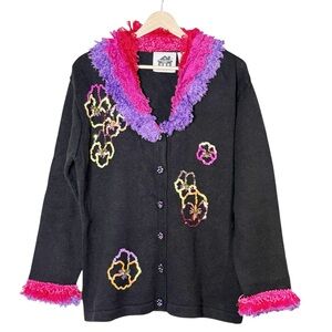 StoryBook Knits VTG Floral Sequin Faux Fur Fringe Trim Button Cardigan Size L